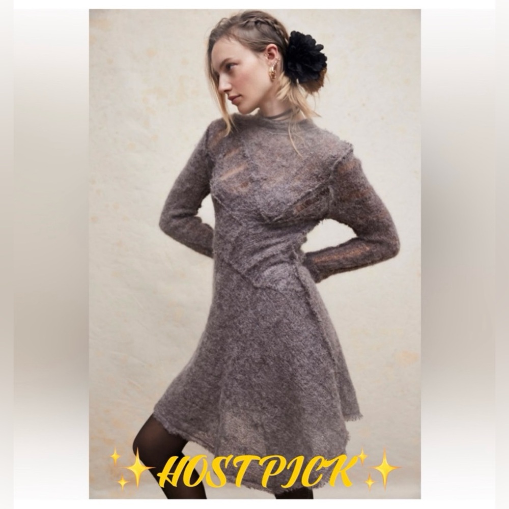 Free People Asymmetrical Sheer Knit Dress in Heather Gray